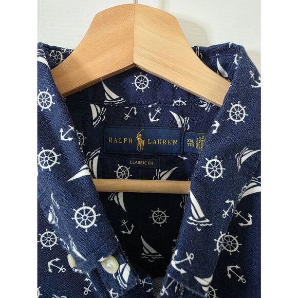 Ralph Lauren sail boat print classic fit short sleeve button up shirt size XXL N - Picture 6 of 9